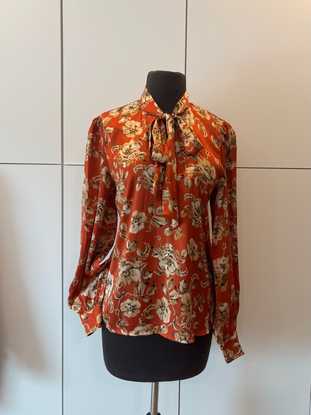 Orange Floral Bow Tie Blouse Long Sleeve Romantic Boho Top